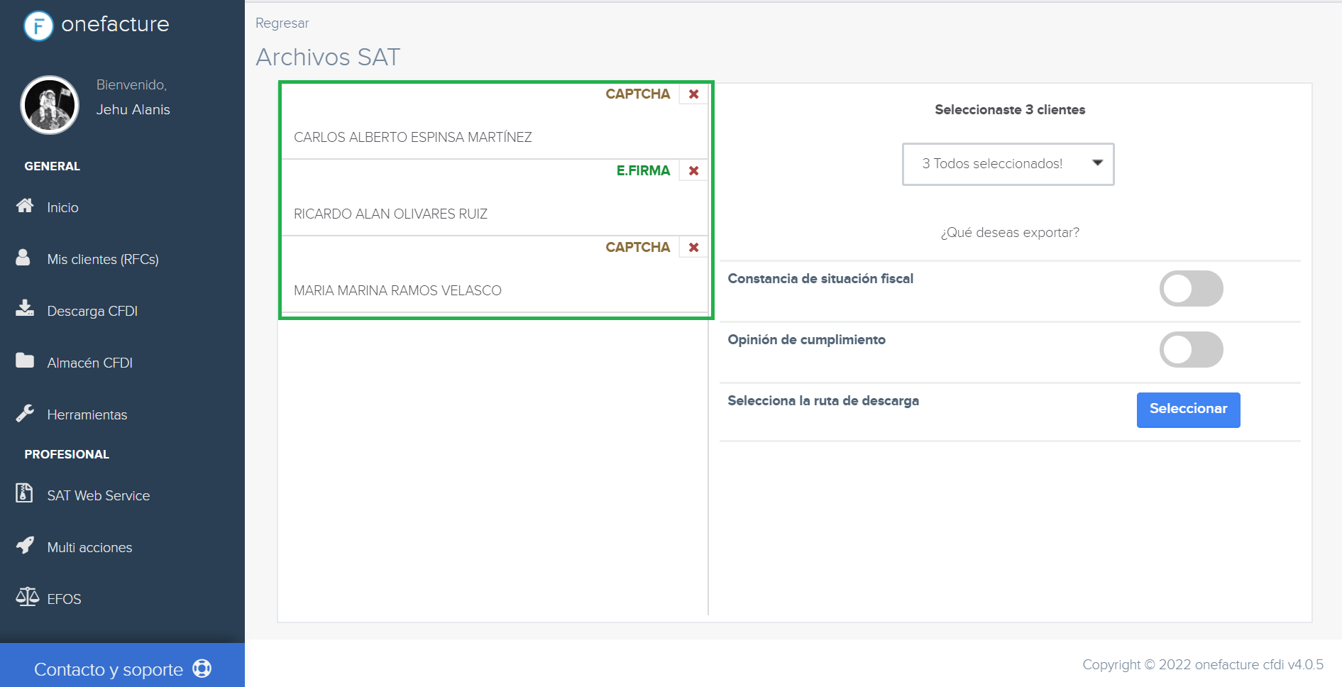 Captura módulo Multi-acciones SAT - Vista de clientes