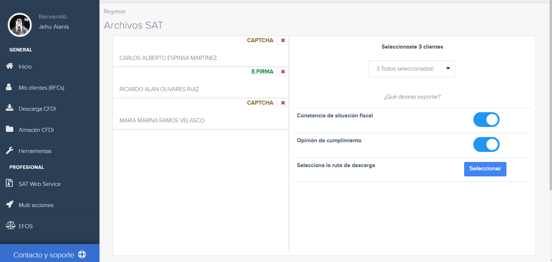 Captura módulo Multi-acciones SAT - Selección a exportar