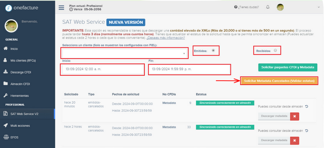 Captura módulo validación de estatus por Metadata